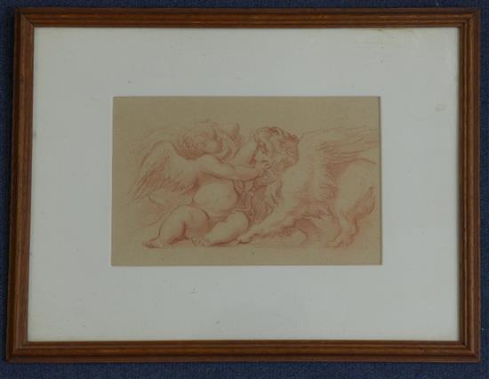 Attributed to Watteau Cupid wrestling a lion, 5 x 8in.